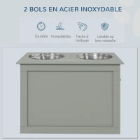 PawHut Gamelles chiens surélevées gamelle double chien chat Porte-gamelles surélevé dim. 60L x 30l x 41H cm 2 gamelles 2L poignées coffre bois gris(m-5)