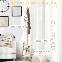 HOMCOM 2 en 1 Perchero de Pie de Bambú con 2 Estantes 5 Ganchos para Ropa Bolsos para Entrada 39,5x39,5x171 cm Natural(m-6)
