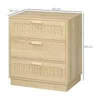 HOMCOM Cómoda con 3 Cajones de Rejilla de Ratán Cajonera de Madera para Dormitorio Estilo Cannage Bohemio 60x38x69 cm Natural(m-3)