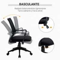 Vinsetto Silla de Oficina Ergonómica Silla de Escritorio Giratoria para Adolescentes Ajustable en Altura con Reposabrazos y Soporte Lumbar Tejido Transpirable 61x58,5x89-99 cm Negro(m-5)