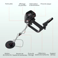 Outsunny Détecteur de métaux sensibilité et Volume Ajustable avec Bobine étanche, Manche réglable ABS Aluminium dim. 77,5-105L x 13l x 24H cm Noir(m-4)