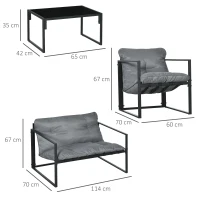 Outsunny Gartenmöbel-Set, 1 Glastisch, 2 Sessel. 1 Sofa, wetterbeständig,114 cm x 70 cm x 67 cm, Grau+Schwarz(m-3)