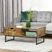 HOMCOM Industrial Coffee Table, Centre Table with Storage Shelf, Drawer and Metal Frame, Coffee Tables for Living Room, Office, 106W x 48D x 43H cm, Rustic Brown(m-10)
