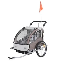 HOMCOM Remolque Infantil 2 Plazas para Bicicleta 2en1 Convertible en Carrito con Reflectores Cinturón 5 puntos Beige y Marrón(m-1)