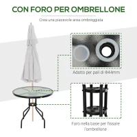 Outsunny Tavolino da Giardino con Piano in Vetro Temperato e Foro per Ombrellone Acciaio Ф80 x 72 cm Nero(m-4)