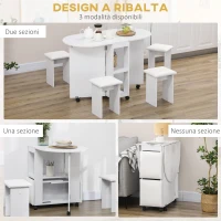 HOMCOM Set da cucina 5 Pezzi, Tavolo pieghevole con 2 ripiani e 4 Sgabelli in Legno truciolato, Bianco(m-5)
