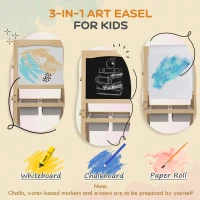 AIYAPLAY Kids Easel with Paper Roll, 3 in 1 Art Easel for Toddlers, Double-Sided Kids Whiteboard Blackboard with Storage Baskets for Ages 3-6 Years - Natural Wood Finish(m-4)
