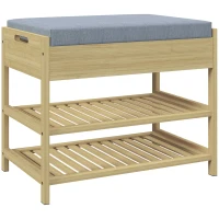 HOMCOM Schubank Schuhregal, 2 Ablagen, Sitzpolster, Bambus, 55 cm x 35 cm x 46 cm, Grau + Natur(m-10)