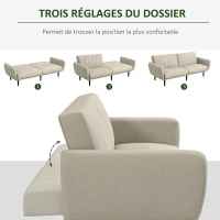 HOMCOM Canapé-lit convertible 3 places dossier inclinable 3 positions pieds bois tissu aspect lin beige(m-5)