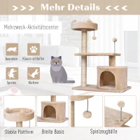 PawHut Katzenbaum mit Hängebett, 3-Stock Kratzbaum, Katzenhöhle, Katzenhaus mit Spielbällen, mit Sisalsäule und Kratzbrett, Plüsch Beige 60 x 40 x 81 cm(m-5)