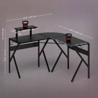 HOMCOM Bureau gaming bureau d'angle bureau gamer 125 x 125 cm en forme de L avec plateau en fibre de carbone, support d'écran porte-gobelet et crochet pour casque, noir(m-3)