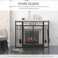 HOMCOM 3 Panel Folding Fireplace Screen with 4 Tools Set, Steel Mesh Spark Guard with Double Door for Open Fire, Log Burner, 122W x 80H cm, Black(m-4)