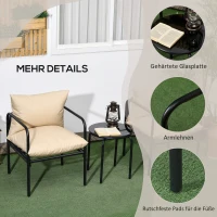 Outsunny Outdoor Sitzgruppe, 3-teilig, 2 Stühle, Tisch mit Glasplatte, Sitzkissen, Metallgestell, Beige(m-6)