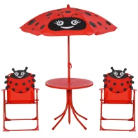Outsunny Set de Mesa y Sillas Infantil de Jardín Conjunto de Picnic Plegable para Niños Juego de Mesa con Sombrilla Ajustable en Altura de 100-125 cm Diseño de Mariquita Rojo(m-10)