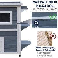 PawHut Caseta para Gatos de Madera Exterior Casa para Gatos de 2 Pisos con Techo Abrible Ventanas y 2 Plataformas para Terraza Balcón Jardín 51x51x81,3 cm Gris(m-5)