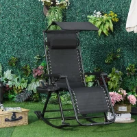 Outsunny Garden Rocking Chair Folding Recliner Outdoor Adjustable Sun Lounger Rocker Zero-Gravity Seat with Headrest Side Holder Patio Deck - Black(m-2)