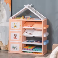 HOMCOM Estantería Infantil de Juguetes con Armario Estantes 4 Cajas y 3 Cestas Organizador de Almacenaje para Habitación de Niños Sala Juegos 128x34x155 cm Naranja Pastel(m-2)
