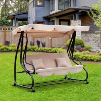 Outsunny Dondolo da Giardino 3 Posti Convertibile in Letto a Dondolo, Tetto e Struttura in Acciaio, 200x120x164cm Marrone Chiaro(m-2)