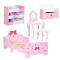 ZONEKIZ 5PCs Kids Bedroom Furniture Set with Bed, Toy Box Bench, Storage Unit, Dressing Table and Stool, Princess Themed, for 3-6 Years Old, Pink(m-1)