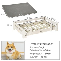 PawHut Hundesofa Erhöhtes Haustiersofa mit Kissen Katzensofa Hundecouch Hundebett Haustierbett Hundeschlafplatz für mittelgroße Hunde waschbarer Bezug Weiß+Grau 90 x 60 x 20 cm(m-3)