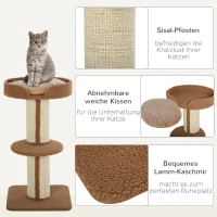 PawHut Kratzbaum 91 cm Katzenturm mit Sisalstämme, Plattform, Kissen mehrstöckiger Katzenkratzbaum, Kletterbaum, für mittelgroße Katzen, Hellbraun(m-5)