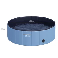PawHut Hundebadewanne faltbar Badewanne Hundepool Plantschbecken Swimmingpool Wasserbecken für Hunde und Katzen Schwimmbecken Kunststoff+Holz Blau Ø100 x H30 cm(m-3)