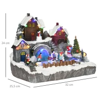 HOMCOM Weihnachtsdekoration Weihnachtsdorf, 21 bunte LEDs, bewegliche Tanne und Schlittschuhläufer, 32 x 25,5 x 24 cm(m-3)