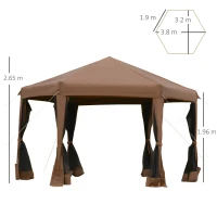 Outsunny 3.2m Pop Up Gazebo Hexagonal Canopy Tent Outdoor Sun Protection with Mesh Sidewalls, Handy Bag, Brown(m-3)