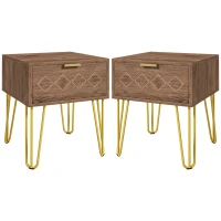 HOMCOM Bedside Table Set of 2 with Drawer, Wooden Nightstand, Modern Sofa Side Table with Gold Tone Metal Legs for Bedroom(m-1)