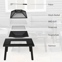 Outsunny Feuerschale Feuertisch mit Schürhaken Funkenschutz Feuerkorb Feuerstelle für Garten Camping BBQ Stahl Schwarz 81 x 81 x 53 cm(m-7)