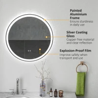 kleankin Round Bathroom Mirror with LED Lights, Wall Mount Dimmable Makeup Mirror with 3 Temperature Colours, Defogging Film and Memory Function, Frameless, Hardwired, 70 x 70 cm(m-7)