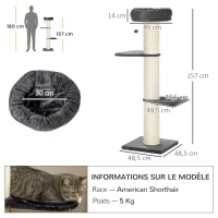 PawHut Arbre à chat griffoir sisal naturel 2 plateformes panier observation jeu boule suspendue peluche grise(m-3)