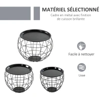 HOMCOM Lot de 3 Tables Basses gigognes Tables d'appoint Rondes encastrables Style néo-rétro métal Noir(m-5)