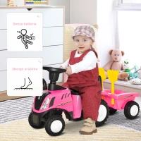 HOMCOM Trattore per Bambini Cavalcabile con Rimorchio, Rastrello e Pala, Gioco Educativo per Bimbi 12-36 Mesi, 91x29x44cm, Rosa(m-5)