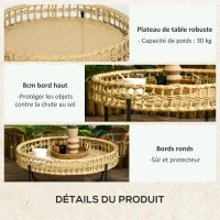 Outsunny Table basse de jardin ronde avec plateau en résine tressée aspect rotin et piètement en métal noir - 68 x 68 x 30 cm(m-6)