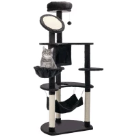 PawHut Árbol Rascador para Gatos Grande 65x50x153 cm Torre para Gatos Centro de Actividades con Múltiples Plataforma Poste Hamaca Bolas de Juguete y Cueva Gris Oscuro(m-10)