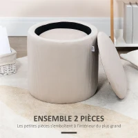 HOMCOM Lot de 2 poufs tabourets repose-pieds coffre de rangement en tissu aspect velours côtelé Ø40 cm et Ø30 cm, crème(m-4)