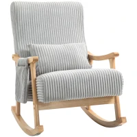 HOMCOM Silla Mecedora de Pana con Patas y Reposabrazos de Madera de Caucho Cojín Lumbar y Bolsillo Carga 120 kg Gris(m-11)