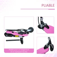 HOMCOM Trottinette électrique 120 W pliable pour enfants à partir de 7 ans hauteur de guidon et selle réglable 10 Km/h max. rose noir(m-6)