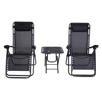 Outsunny Set de 2 Sillas de Gravedad Cero Plegables 90x65x110 cm y Mesa Auxiliar 50x50x50 cm con 2 Portavasos Sillas Reclinables con Reposacabezas para Jardín Terraza Negro(m-4)