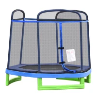 HOMCOM 7FT Kinder Trampolin mit Sicherheitsnetz Kleinkind-Trampolin für drinnen und draußen Fitnesstrampolin Gartentrampolin für 3-12 Jahre Kinder bis 80 kg Stahl Blau+Grün 215 x 200 x 190 cm(m-10)