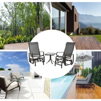 Outsunny 3 Pieces Garden Gliding Chair Set, Metal Frame 2 Single Armchair Swing Seater and 1 Glass Top Coffee Table w/ Breath Mesh Fabric Seat, Brown(m-7)