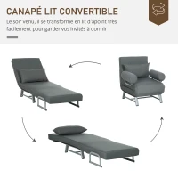 HOMCOM Fauteuil chauffeuse canapé-lit Convertible inclinable 1 Place Grand Confort Coussin lombaires accoudoirs piètement métal Lin Gris Foncé(m-4)