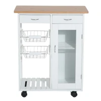 HOMCOM Chariot de service desserte de cuisine à roulettes multi-rangements 70L x 37l x 85H cm plateau bois massif bambou pin blanc(m-6)