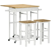 HOMCOM Ensemble table de bar pliable roulettes + 2 tabourets blanc et bois clair - 2 tiroirs et porte-torchons(m-10)