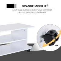 HOMCOM Meuble TV avec roulettes pivotantes, banc TV en bois avec étagères, support télé pour télévision jusqu'à 42 pouces, style contemporain pour salon chambre et bureau, 80 x 40 x 40 cm, blanc(m-5)