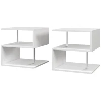 HOMCOM Wooden S Shape Cube Coffee Table 2 Tier Storage Shelves Organiser Office Bookcase Living Room End Desk Stand Display Set of 2 (White)(m-11)
