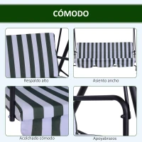 Outsunny Columpio de Jardín de 3 Plazas Silla Balancín con Parasol Techo Ajustable en Ángulo Impermeable para Exterior Terraza Balcón Carga Máx. 200 kg Acero 172x110x153 cm Verde(m-6)
