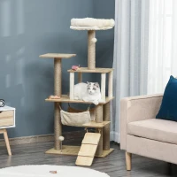 PawHut Kratzbaum Katzenbaum für Katzen Kletterbaum aus Holz mit Katzenhöhle Jutestämmen großer Plattform Spielbälle 130 cm Höhe stabil Plüsch Gelb 60 x 40 x 130 cm(m-7)