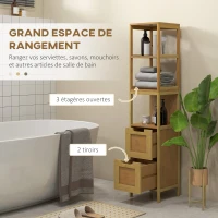 kleankin Meuble Colonne Rangement Salle de Bain Style Cosy dim. 30L x 30l x 144H cm 3 étagères 2 tiroirs Bambou(m-4)